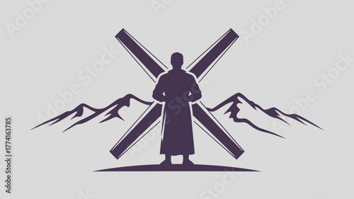 Iconic silhouette of a figure standing before a cross with dramatic mountain peaks behind, symbolizing faith, journey, and achievement.