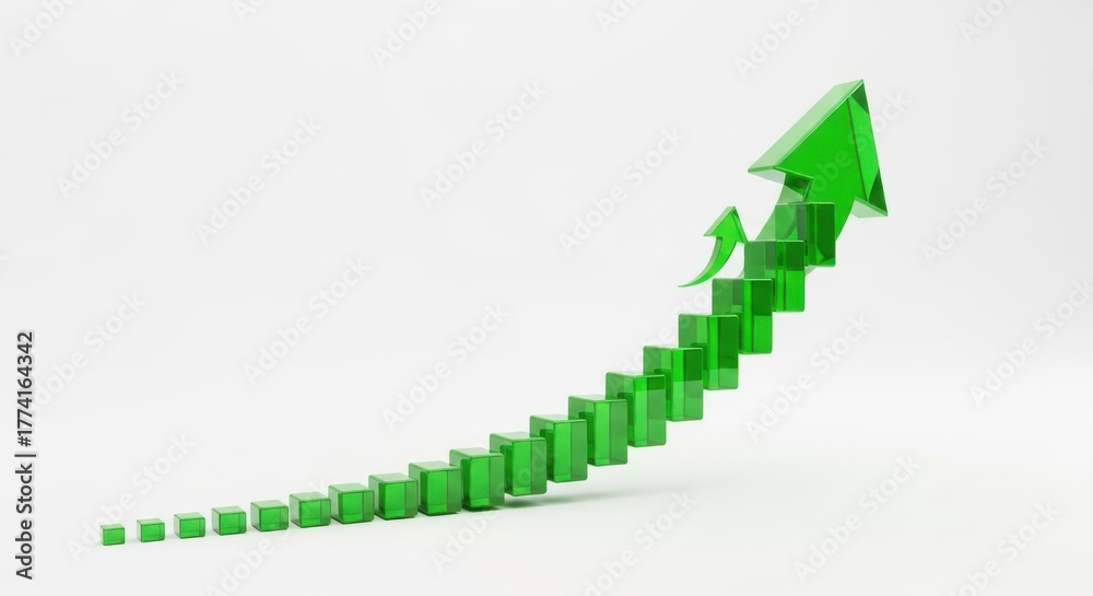Obraz premium Rising trend shown by a glassy green arrow climbing steps, symbolizing growth