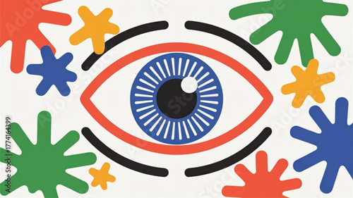 Stylized Eye with Colorful Abstract Splatter Shapes