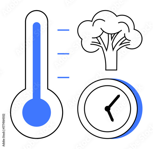 Thermometer, tree, and clock represent global warming, deforestation, and urgency. Ideal for climate action, time management, ecology sustainability environmental awareness and deadlines. Simple