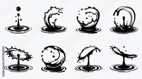 Collection of Dynamic Water Splash Illustrations in Black and White Style