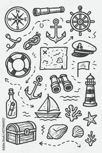 Sea Voyage Tools Sketch Set – Hand Drawn Nautical Adventure Vector Illustration in Black and White