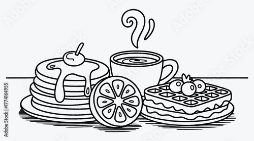 Delicious breakfast illustration of pancakes waffles coffee and a slice of orange