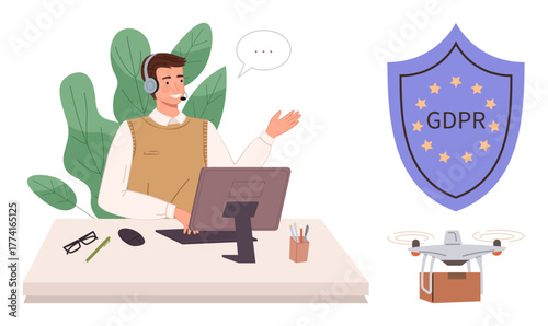 Man in headset at desk using computer, GDPR shield highlighting privacy regulations, quadcopter indicating tech relevance. Ideal for privacy, legal, compliance, customer service, data protection