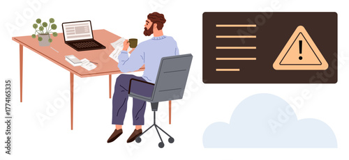 Man seated at a desk with laptop and documents, sipping coffee, viewing warning alert. Ideal for workplace safety, task management, communication, caution, problem-solving, focus simple flat