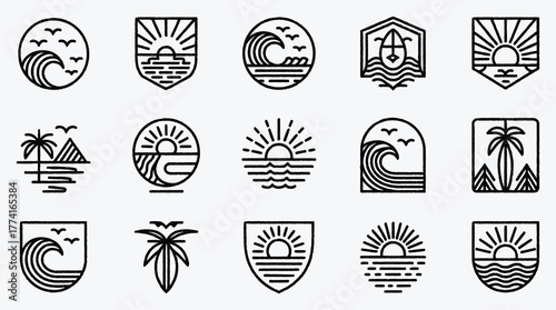 Minimalist Summer Vacation Icons Set Depicting Sun Sea and Nature
