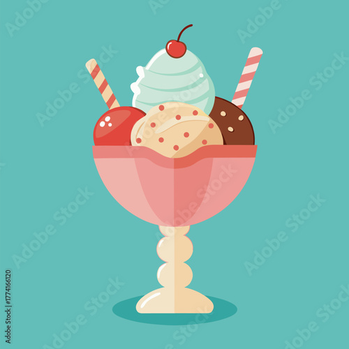 Abundant Ice Cream Sundae Illustration with Cherry and Wafer