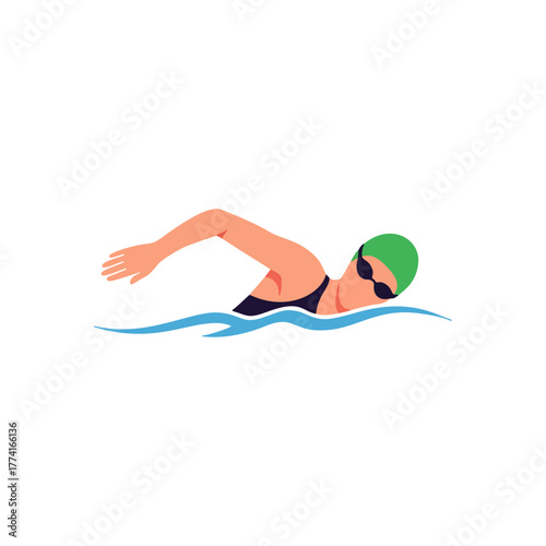 Female swimmer in green cap and black swimsuit swimming in the pool isolated on white background