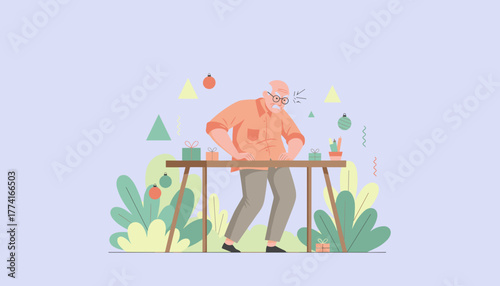 Frustrated senior man struggling with stress while preparing holiday gifts Flat vector illustration
