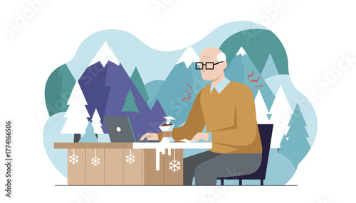 Stressed senior teleworker suffers neck pain while working remotely in a cozy winter mountain cabin