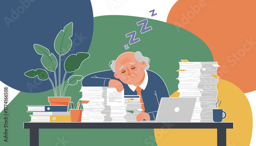 Exhausted senior employee asleep on mountains of office paperwork illustrating burnout and stress