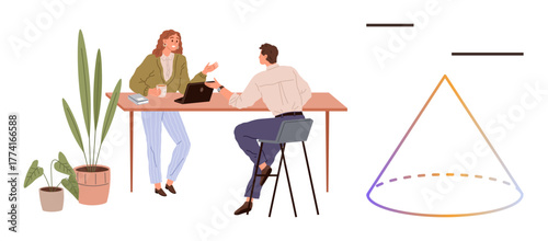 Two people brainstorming at a table with a laptop, coffee, books, potted plants, and abstract pyramid diagram. Ideal for teamwork, collaboration, strategy, planning creativity education