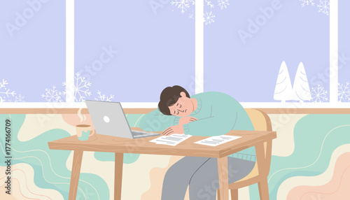 Burnout Man sleeping at desk with laptop by window on a cold winter day