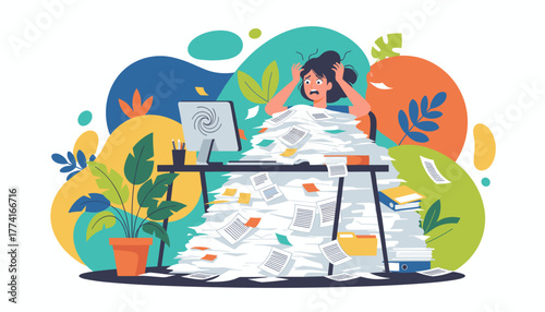 Overwhelmed woman stressed by huge paper pile at desk Deadline pressure and burnout