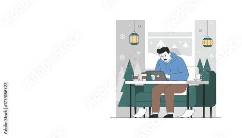 Stressed man works remotely on a tablet inside a cozy cafe during a snowy winter day