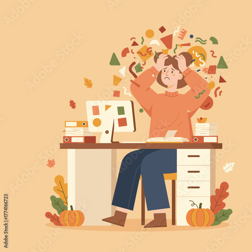 Woman suffering burnout and information overload at her desk symbolizing mental health stress