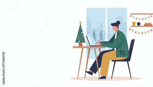 Professional working remotely on a laptop in a festive decorated office during the holiday season