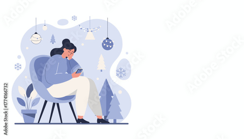 Illustration of a cozy woman texting on her phone amidst winter holiday decorations