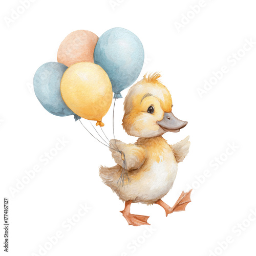 Watercolor image of a fluffy chick with balloons on a white background. Watercolor Easter illustration.