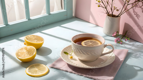Wallpaper Mural Cup of tea with lemon slice on a plate near a window Torontodigital.ca