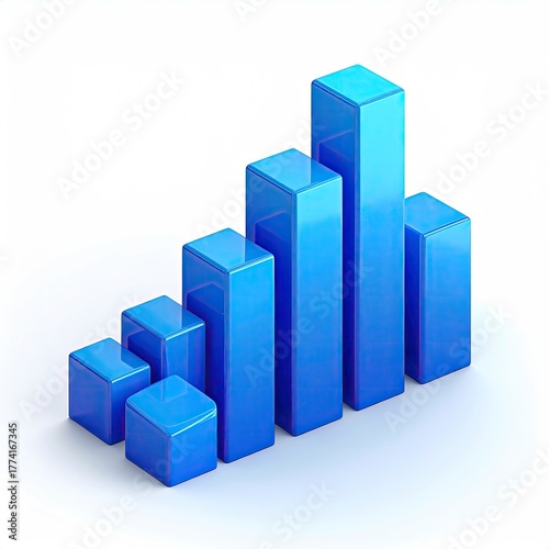 Blue bar graph, ascending heights, isometric view, glossy