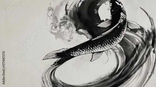 Black ink koi swims through wave. Abstract, flowing, serene image