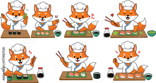 Cartoon fox sushi chef, Japanese cuisine illustration, cute animal cooking, sushi preparation art, culinary fox character, restaurant mascot, kitchen design