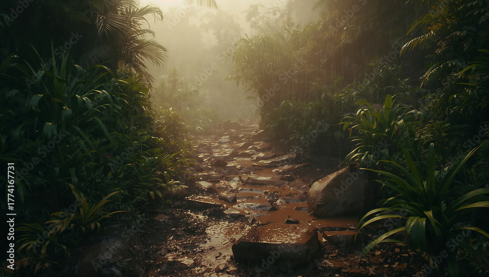 Fototapeta premium Journey along a damp and muddy trail deep within a mysterious, fog-shrouded tropical rainforest