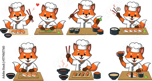 Cartoon fox sushi chef, Japanese food illustration, cute animal cooking, sushi preparation art, culinary character design, restaurant mascot, kitchen scene