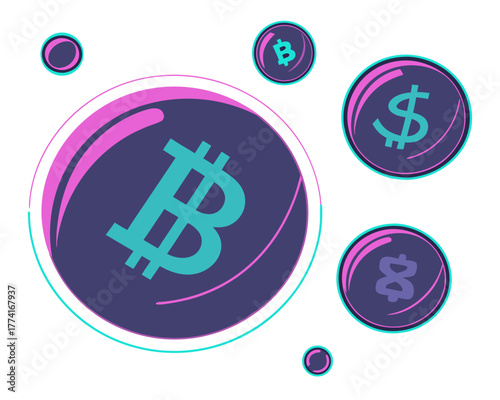 Cryptocurrency wallet dashboard vector illustration with glowing coin icons and bubbles vector