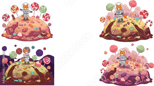 Astronaut fox on candy planet, space exploration fantasy artwork, whimsical animal illustration, cosmic adventure design, colorful outer space character concept set