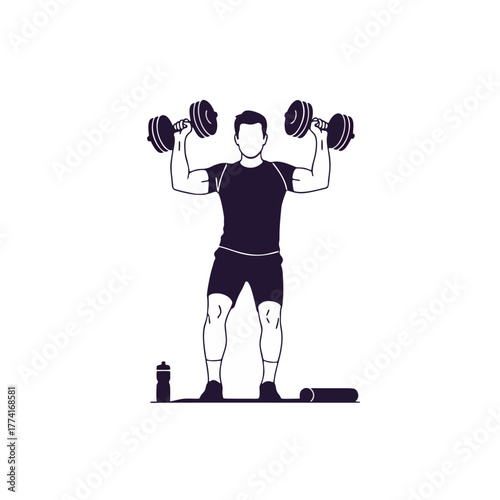 Man lifting dumbbells isolated on white background strong athlete doing shoulder press exercise in gym fitness workout with weights