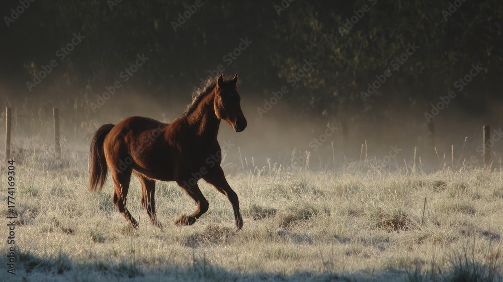 Fototapeta premium Brown Horse Running in Field During Sunrise in Natural Setting