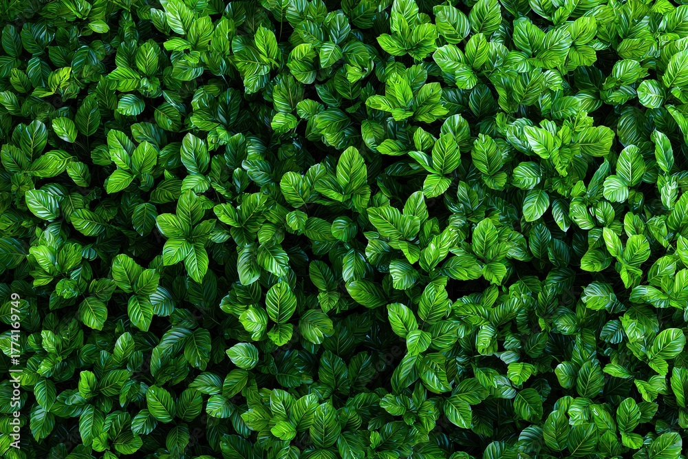 Fototapeta premium Close Up of Dense Green Foliage Texture with Light Reflections Natural Pattern Background
