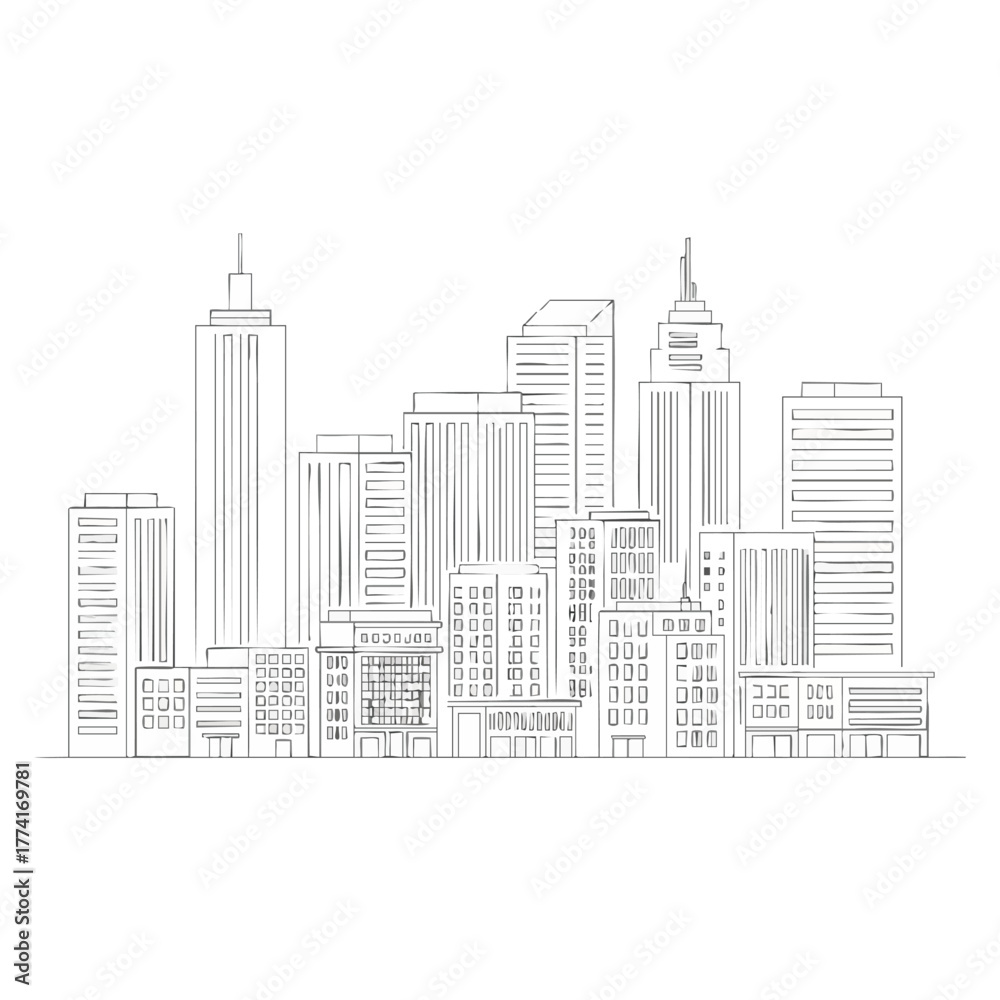 Obraz premium A minimalist line art illustration captures the essence of a modern urban skyline featuring diverse architectural structures, perfect for design projects.