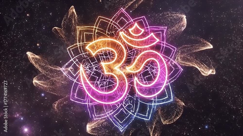 A vibrant, glowing Om symbol with a mandala design against a cosmic, starry background.