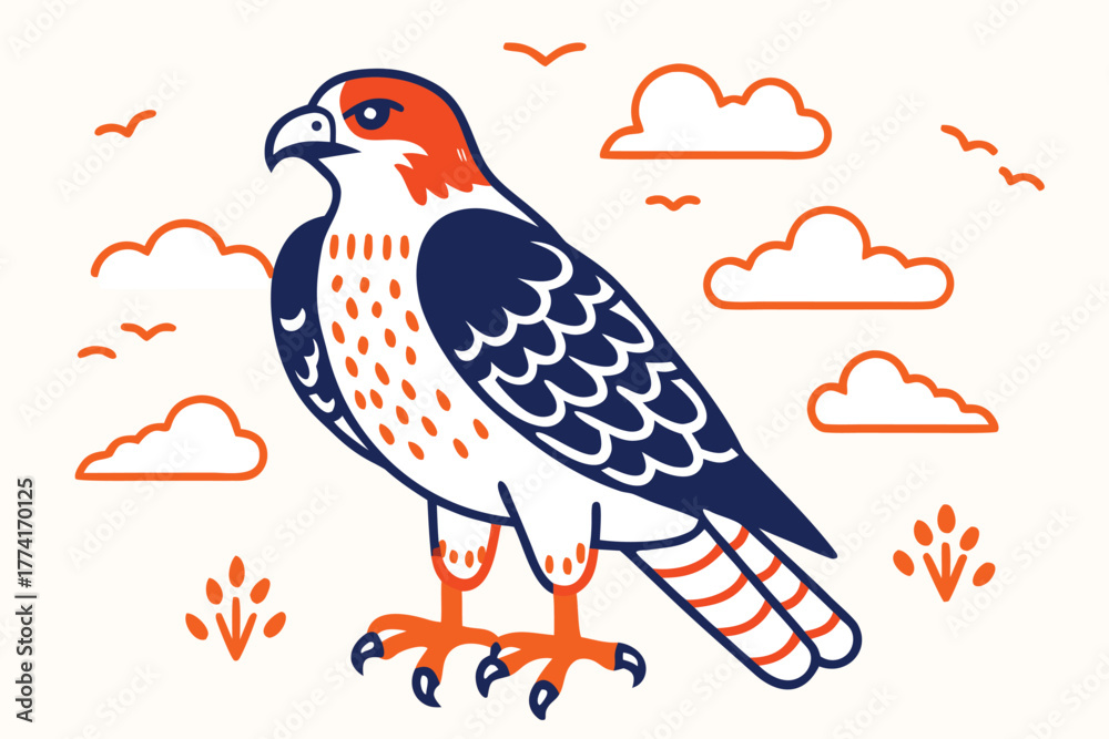 Fototapeta premium Illustration of a hawk bird standing on the ground, with clouds and plants