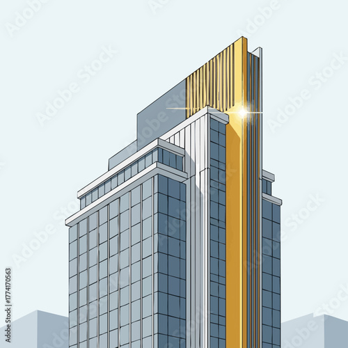 A contemporary skyscraper with reflective glass windows and a striking golden architectural accent, gleaming brightly against a minimalist sky, embodying modern urban design.