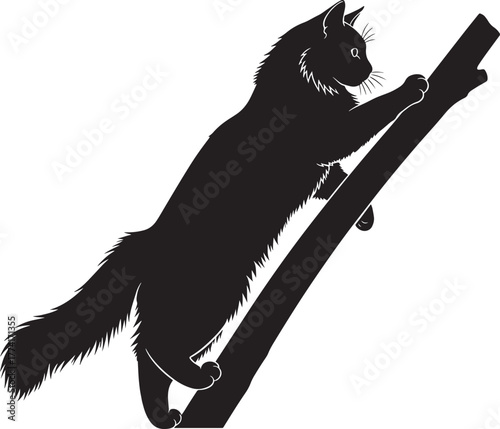 Black silhouette of a fluffy cat climbing a tree branch, agile mammal in motion against white background, domestic pet illustration, outdoor nature scene concept