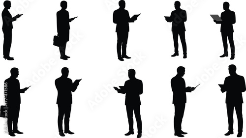 Black silhouettes of business professionals using technology, office worker icons, corporate body language artwork, modern business illustration, professional design collection set