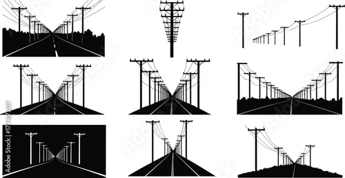 Silhouette of electric power poles with transmission lines along roads and highways, black and white perspective illustration for energy conceptSilhouette 