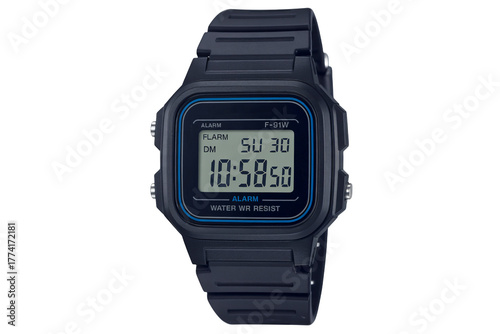 Classic digital watch with alarm and water resistance features
