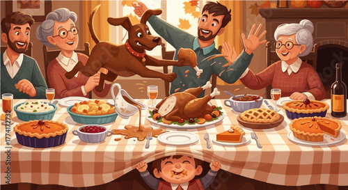Happy family and dog enjoying a festive Thanksgiving dinner around a table with a child hiding underneath.