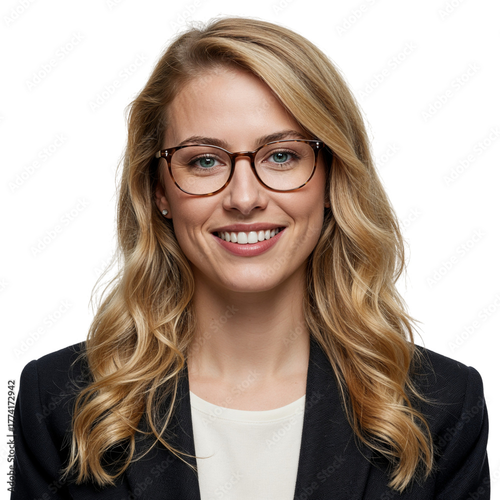 Obraz premium Professional businesswoman with glasses smiling confidently wearing a blazer and white top isolated on transparent background