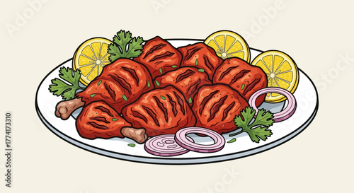 A plate of delicious tandoori chicken pieces garnished with fresh lemon slices, cilantro, and red onion rings, ready to be served.