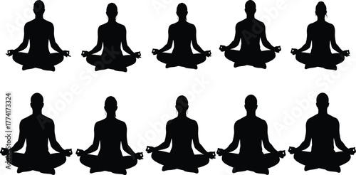 Black silhouettes of people meditating, yoga icons, mindfulness artwork, spiritual relaxation illustration, meditation design collection, wellness and inner peace concept