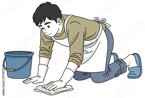 床の拭き掃除をする男性02