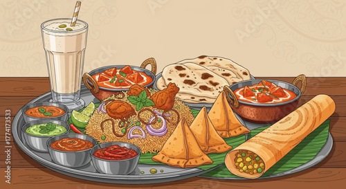 A vibrant illustration of a traditional Indian thali featuring biryani, samosas, dosa, curries, naan, chutneys, and a refreshing lassi drink.