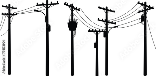 Silhouette of electric utility poles with power lines, transformers, and street lights on white background, energy, electricity, infrastructure, technology