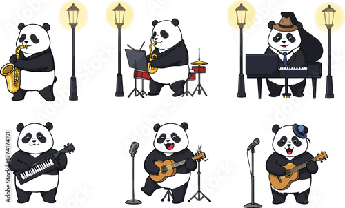 Cartoon pandas playing musical instruments, saxophone, piano, keytar, drums, acoustic guitar, festive illustration, music performance, cute animals, concert, entertainment, fun